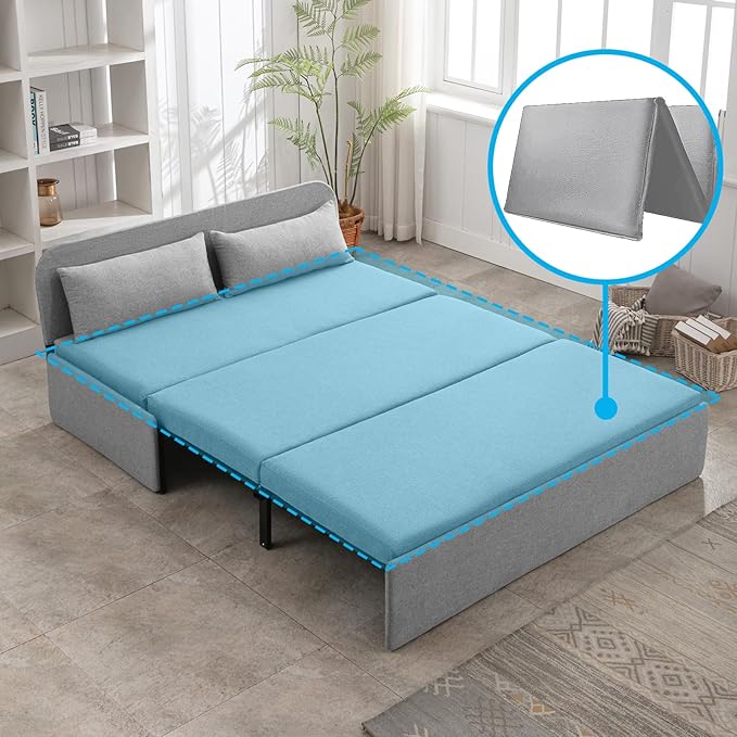Mjkone 62 Width Pull Out Sleeper Sofa Bed Queen Size 2-in-1 Modern Convertible Linen Sofa Sleeper Pull Out Couch Bed with Cushions &amp Throw Pillows for Living Room Home Office Small Place Light