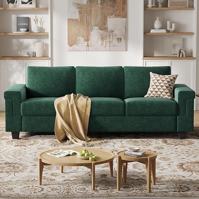 3 Seater Sofa Couch with Deep Seat 90 Modern Upholstered Sofa with Armrests Easy Installation Comfy Couches for Living Room Apartment Green