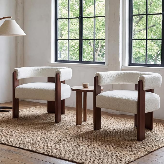 Modern Barrel Accent Chairs Set of 2 Cozy Upholstered Beige Boucle Living room Chair for Bedroom Solid Walnut Wooden Armchair Vintage Lounge Reading Chair for Apartment Waiting Room Office