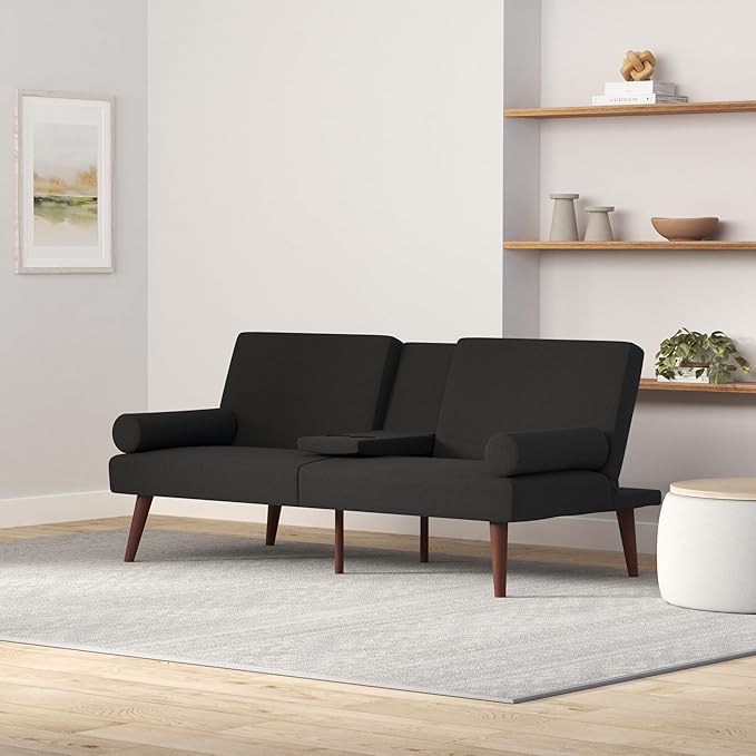 Best Choice Products Mid-Century Modern Upholstered Futon Convertible Folding Sofa Bed Small Couch w/Rounded Armrests 2 Cupholders - Black