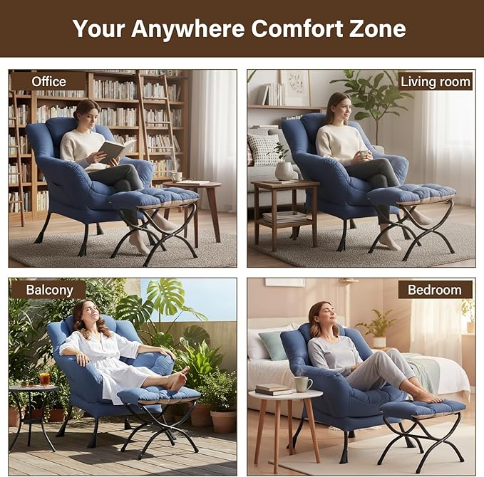 Welnow Lazy Chair with Ottoman Modern Accent Chair with Armrests and a Side Pocket Leisure Sofa Armchair Reading Armchair with Footrest for Small Space Royal Blue