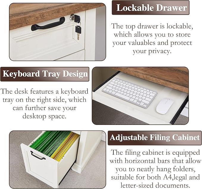 L-Shaped Executive Desk with Keyboard Tray 69” Farmhouse Corner Desk with Lockable Drawers Adjustable File Cabinet &amp Built-in Charging Station Rustic Home Office Desk (69)