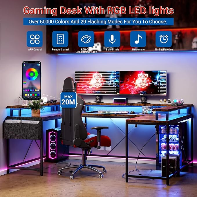 U Shaped Desk with Power Outlets USB Ports &amp RGB LED Lights 79 Inch Large Corner Computer Desk with Monitor Stand Reversible Gaming Desk for Home Office Ergonomic Workstation (Rustic Brown)