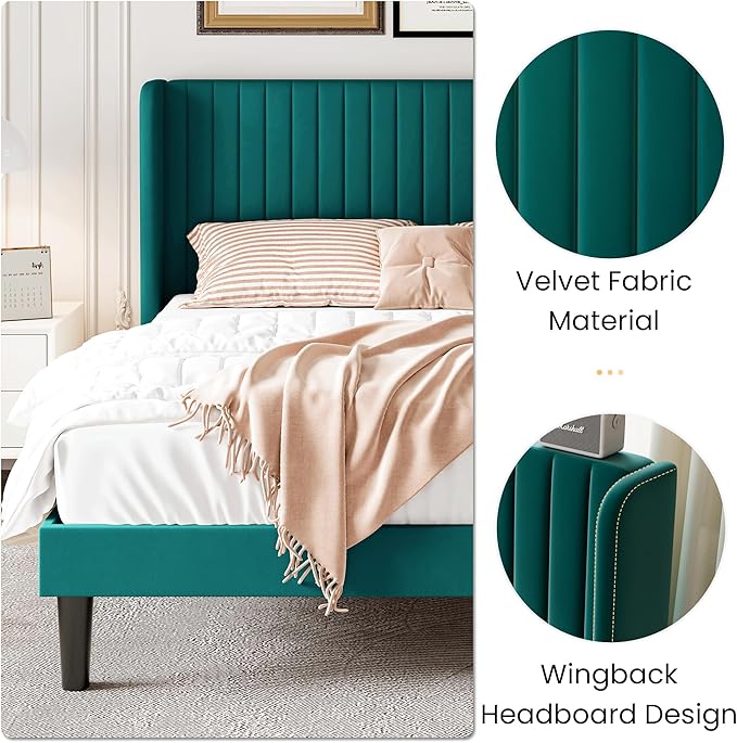 SHA CERLIN Full Size Velvet Bed Frame with Vertical Channel Tufted Wingback Headboard Upholstered Platform Bed with Wood Slats No Box Spring Needed Easy Assembly Teal