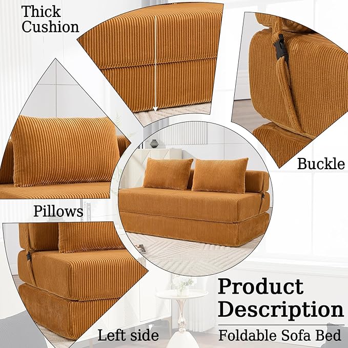 55 Convertible Folding Sofa Bed with 2 Pillows Corduroy Foldable Sleeper Sofa for Adult Floor Couch Bed for Living Room Bedroom No Assembly(Yellow)
