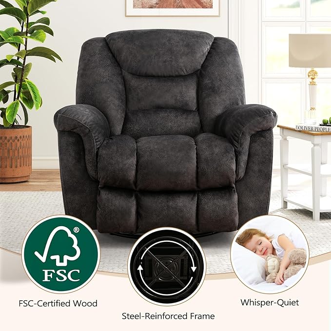 ANJ Rocking Recliner Chair Oversized Swivel Rocker Recliners Comfy Glider Rocking Chairs for Big Man Extra Wide Recliners Overstuffed Reclining Chair for Living Room Grey