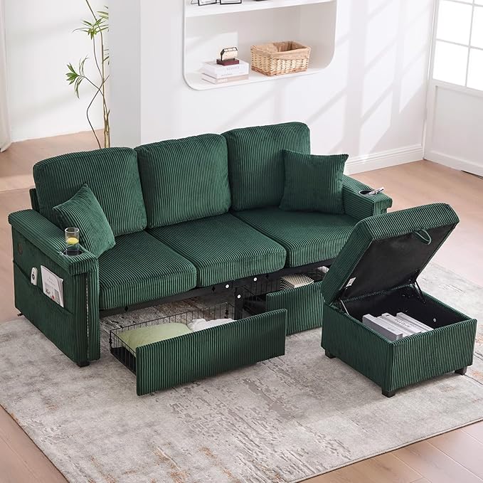 76.8 L-Shaped Sleeper Sofa with Storage Ottoman USB Ports Cup Holders&ampLED Lights Side Pockets Comfy Corduroy Modern 3-Seater Small Couch Bed for Living Room with 2 Throw Pillows (Emerald Gree