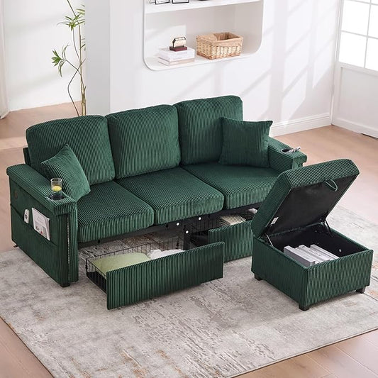 76.8 L-Shaped Sleeper Sofa with Storage Ottoman USB Ports Cup Holders&ampLED Lights Side Pockets Comfy Corduroy Modern 3-Seater Small Couch Bed for Living Room with 2 Throw Pillows (Emerald Gree
