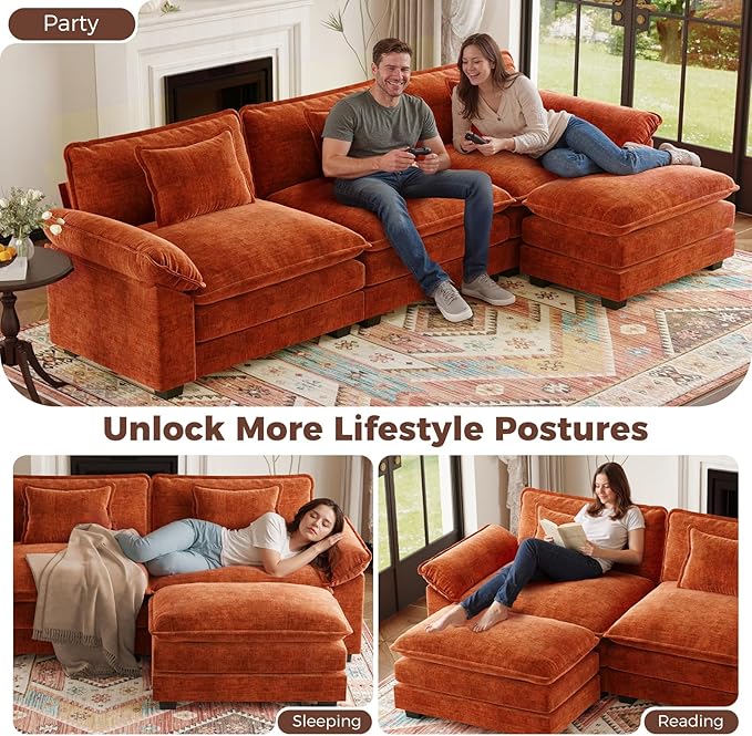 HUSFU 120 Cloud Couch Modular Sectional Sofa with Ottoman 3-Seat Modern Chenille Upholstered U-Shaped Deep Seat Sofa Couch for Living Room Bedroom and Apartment Orange