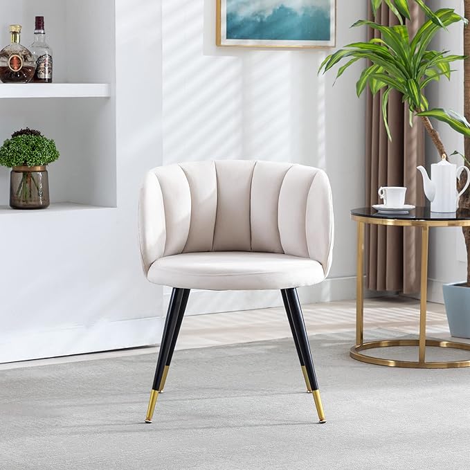 Off White Velvet Lounge Chair Black Metal feet Unique Back Design Suitable for Office Living Room Bedroom
