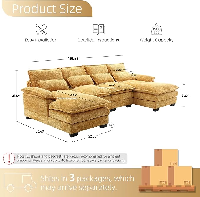 U Shape Sectional Sofa Cloud Couch 110.6 Modern Chenille Comfy Modular Couch 4 Seat Upholstery Sofa with Double Chaise for Living Room Yellow