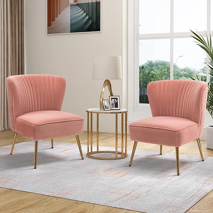 TINA'S HOME Monica Velvet Armless Side Chair Set of 2 Upholstered Accent Chair Comfy Living Room Chair with Golden Legs Wingback Mid Century Slipper Chair for Bedroom Guest Room- Blush Pink