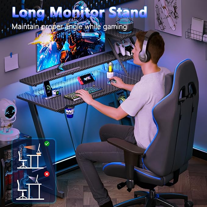 39 Inch Gaming Desk with LED Lights &amp Power Outlet Small Gaming Computer Desk with Storage Shelves L Shaped Gamer Workstations with Monitor Stand for Bedroom Carbon Fiber Black