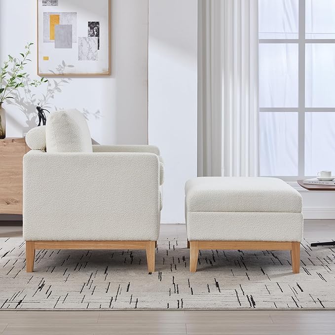 Wood Base Accent Arm Chair with Ottoman and Bolster PillowsStorage Footstool with Reversible Lid Coffee Table for Living Room Office (35.4 W Ivory Boucle Chair Set +Natural Base)