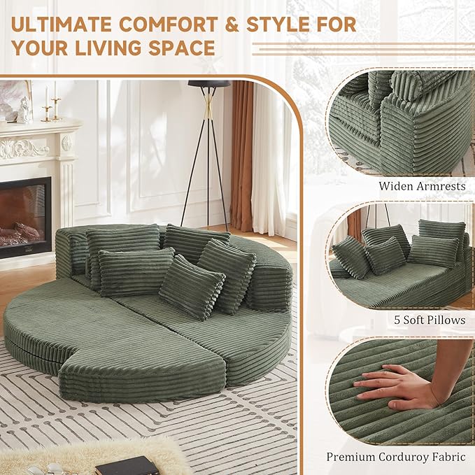 Curved Convertible Futon Sleeper Sofa Bed 78.5 Boneless Couch with Pull-Out Bed Corduroy Semi-Circular Foldable Floor Mattress for Living Room No Assembly Required Right Curved Green
