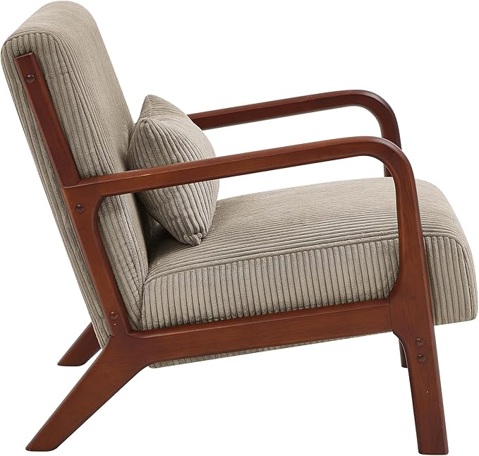 Wooden Accent Arm Chair Mid Century Armchair Comfy Modern Corduroy Accent Chair Boho Arm Chair with Pillow for Bedroom Lounge Living Room (Camel)