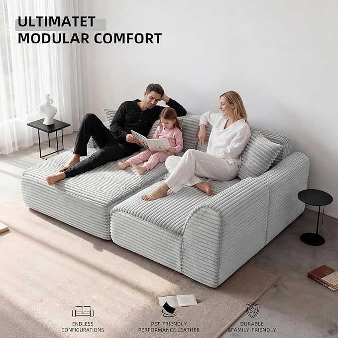 105”Cloud Couch Sectional Sofa Modular Boneless Sofa for Living Room and Apartments Deep Seat Corduroy L Shape Couch with Removable Washable Covers (Light Gray 3 Seater+Left Facing Chaise)