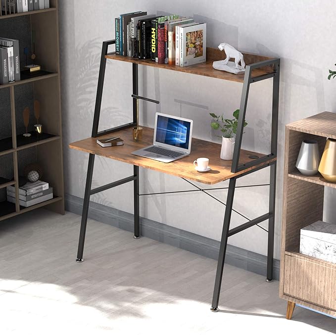 EUREKA ERGONOMIC43 Inch 2-Tier Home Office Students Study Writing PC Gaming Table with Bookshelf Small Computer Ladder Desk with Storage ShelvesModern Workstation for Space Saving Rustic Brown