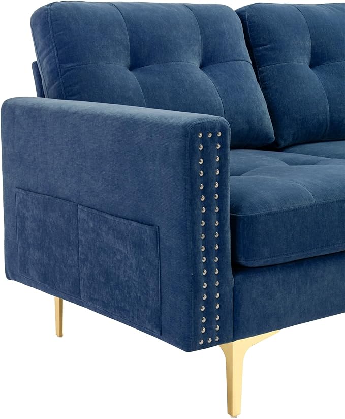 Merax Velvet L-Shape Sofa 4 Seat with Chaise and Movable Ottoman 110.6 Sofa Couch for Living Room Apartment Office (Blue)