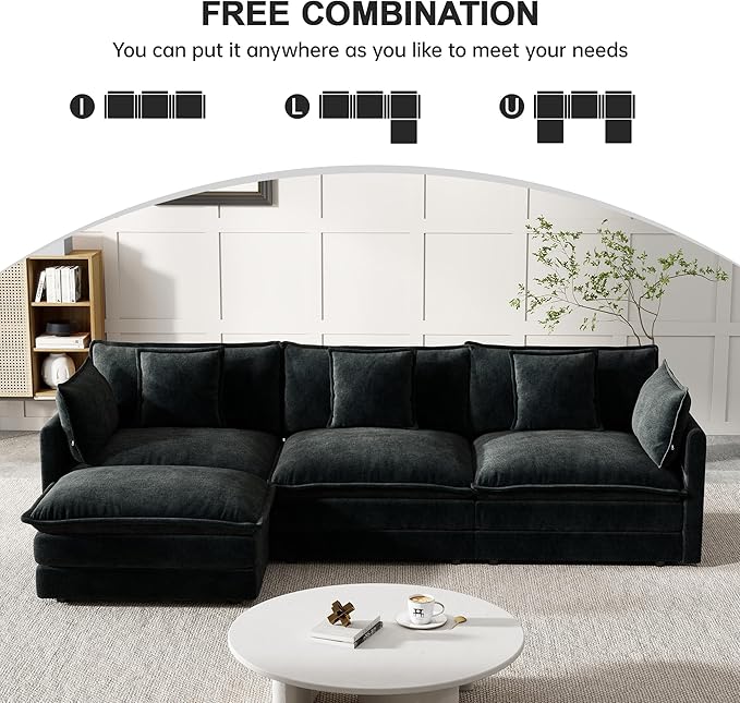 Modular Sectional Sofa 111.5 Inch L-Shaped Cloud Sofa with Deep Seat Chenille Sofa with Cushions Three-Self Sectional Sofa for Living Room ApartmentBlack