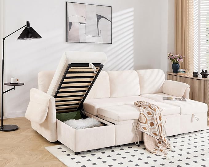 Tbfit 109'' Pull Out Sofa Sleeper Sofa Bed with USB &amp 2 Storage Chaises Comfy Oersized U Shaped Convertible Sectional Sleeper Couches for Living Room Apartment Office Beige