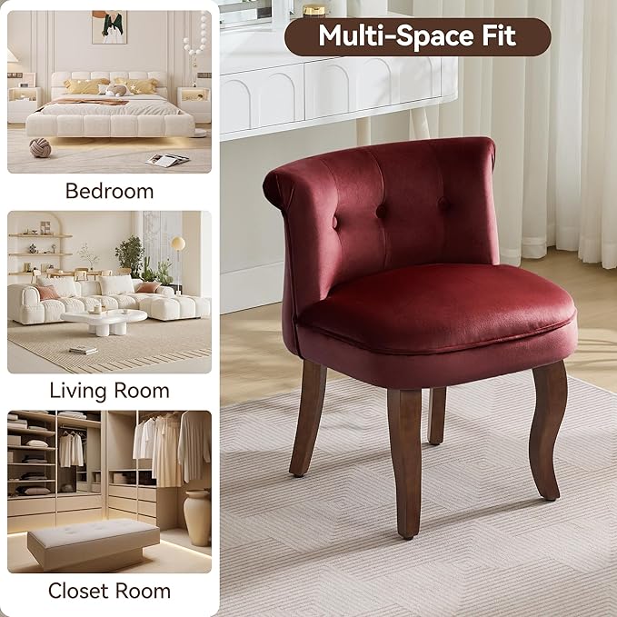 Velvet Vanity Chair with Solid Wood Legs Tufted Upholstered Vanity Stool with Back Mid Century Small Makeup Accent Chair for Bedroom Living Room Burgundy