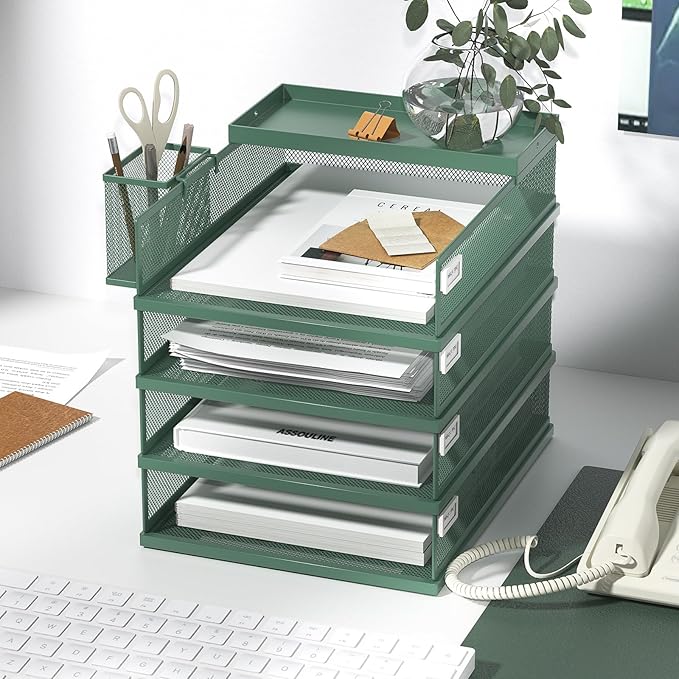 Stackable Letter Trays 4 Tier Metal Paper Tray &amp Desk Organizer Stackable File Trays for Office &amp Home Multi-Functional Document Tray with Fine Grid Design &amp Magnetic LabelsGreen