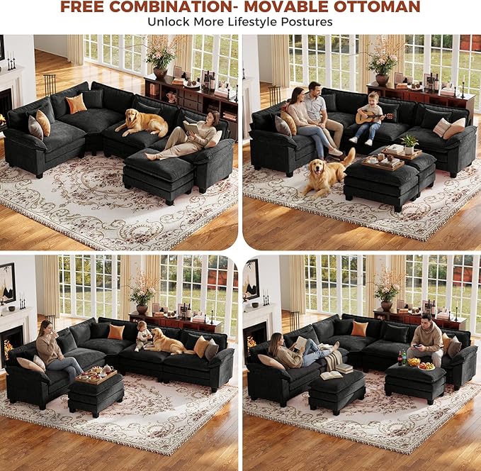 CDCASA 117 Oversized Modular Sectional Sofa with Corner Comfy V-Shaped Cloud Couch 5-Seater Chenille Deep Seat Modern Sofa Couch for Living Room DIY Combination Black