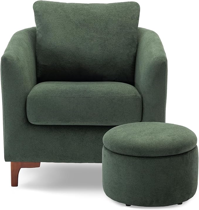COLAMY Sherpa Accent Chair with Storage Ottoman Set of 2 Upholstered Barrel Arm Chair with Footrest Modern Living Room Chair with Back Pillow Green