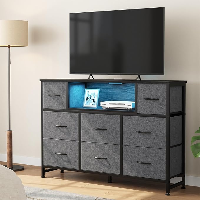 DUMOS TV Stand Dresser with 8 Fabric Drawers and Open Shelves LED Entertainment Center with Charging Station Wood Top Media Console for 45-55 inch Bedroom Grey