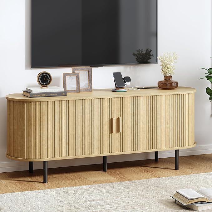 55 TV Stand with Power Outlet Modern Media Console with Sliding Doors Entertainment Center for TVs up to 60 Inch Adjustable Shelves Oak