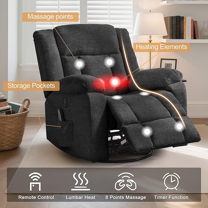 Rocker Recliner Glider Recliner Chairs for Adults 360° Swivel Rocking Chair with Massage and Heating Nursery Chair with Storage and USB Charging for Living Room Bedroom Nursery