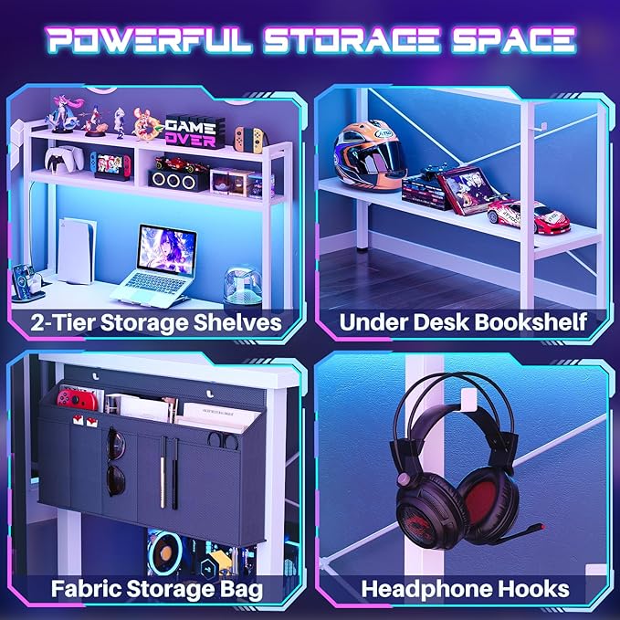 Aheaplus L Shaped Desk Gaming Desk 59 L Shaped Computer Desk with LED Light &amp Power Outlet Reversible Home Office Desk Gamer Desks with Shelves &amp Storage Bag &amp Hooks Corner PC Desk Wh