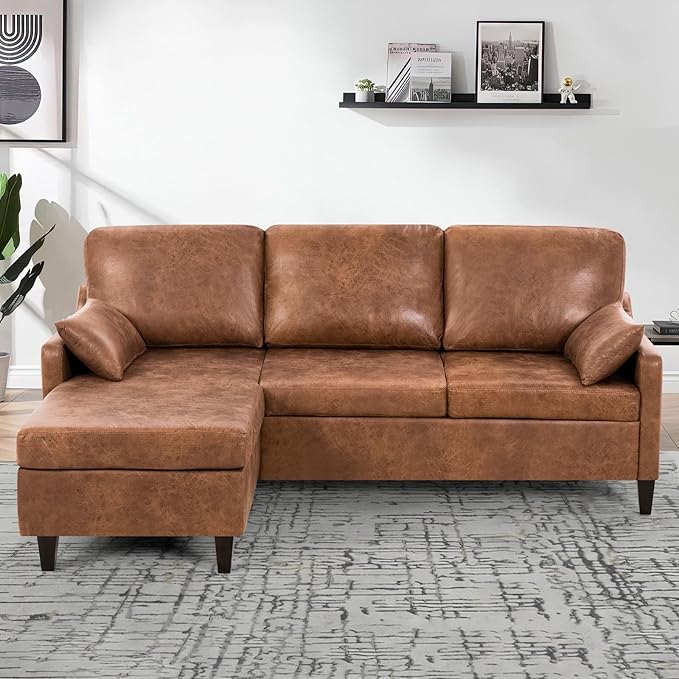 76 Sectional Sofa Couch w/Reversible Chaise Suede Leather L Shaped Sofa w/USB Charger Ports &amp Storage Bag Convertible Modern Couch w/Storage Space for Living Room Small Space Brown