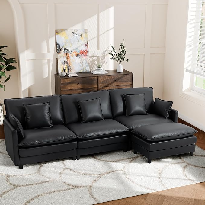 113'' L Shaped Cloud Couch 4-Seater Modular Sectional Sofa with Double Layer Upholstered Seat Cushion PU Deep Seat Couches with Ottoman &amp Pillows for Living Room Bedroom &amp Apartment Black