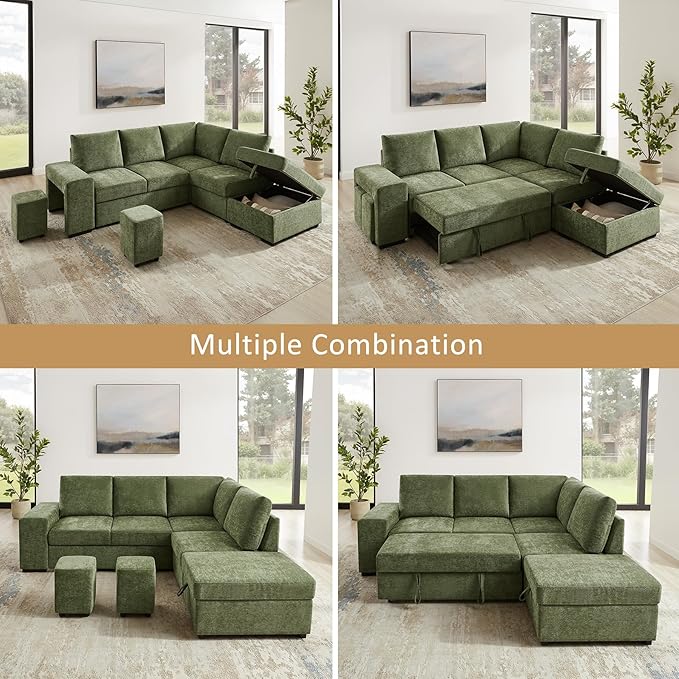 VANOMi 94 Sectional Sleeper Sofa with Pull Out Couch Comfy 6 Seater L Shaped Modular Sofa with Storage Ottoman Modern Convertible Chenille Cloud Couches for Living Room Apartment Olive