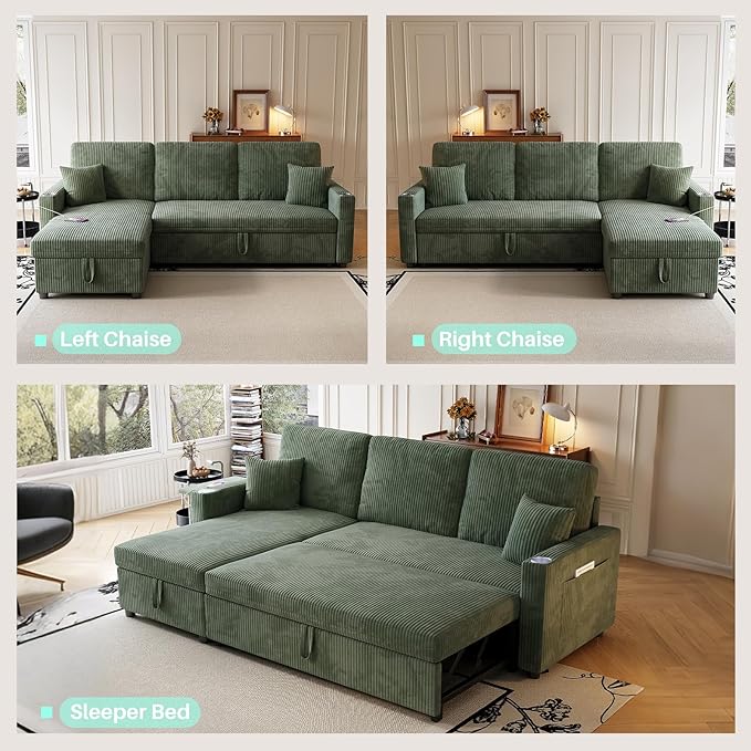 83 Sleeper Sectional Sofa Comfy Convertible Sofa Bed with Pull Out Couches Small Desktop Corduroy L Shaped Couch with Reversible Storage Chaise &amp USB for Living Room Apartment Green