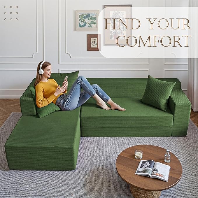 YINIX 2026 New 106 Modular Sectional Sofa High Back Cloud Couch for Living Room Comfy Fluffy Sofa with L-Shaped Chaise Upholstered Boneless Sofa Couches with Deep Seat No Assembly (Green)