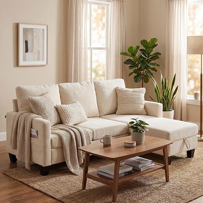 Furnimart Modern Small 3-Seater Sofa Set with Storage Ottoman Compact Couch for Small Space Chenille Fabric Solid Wood Frame Side Pocket &amp Storage Footstool Living Room Apartment(Beige)