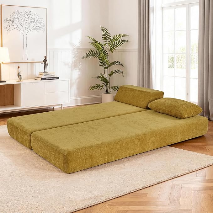 Convertible Chaise Lounge Chair Indoor Boneless Cloud Couch with 2 Pillows Sleeper Sofa for Living Room Bedroom Reading Nook- No Need Assembly (Yellow)