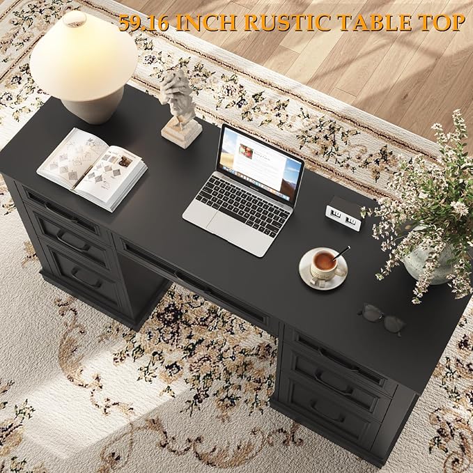 Vabches Farmhouse 59'' Executive Desk with File DrawersLarge Wood Home Office Workstation with Ample StorageRustic Writing Desk for Study.Black