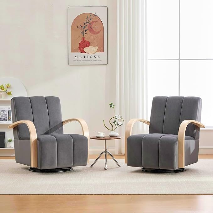 30.3 W Swivel Modern Boucle Upholstered Accent Chair with Solid Wood Armrests Comfy Lounge Reading Chair Side Armchair for Hotel Bedroom Living Room Office Nursery Room (Charcoal+Velvet)