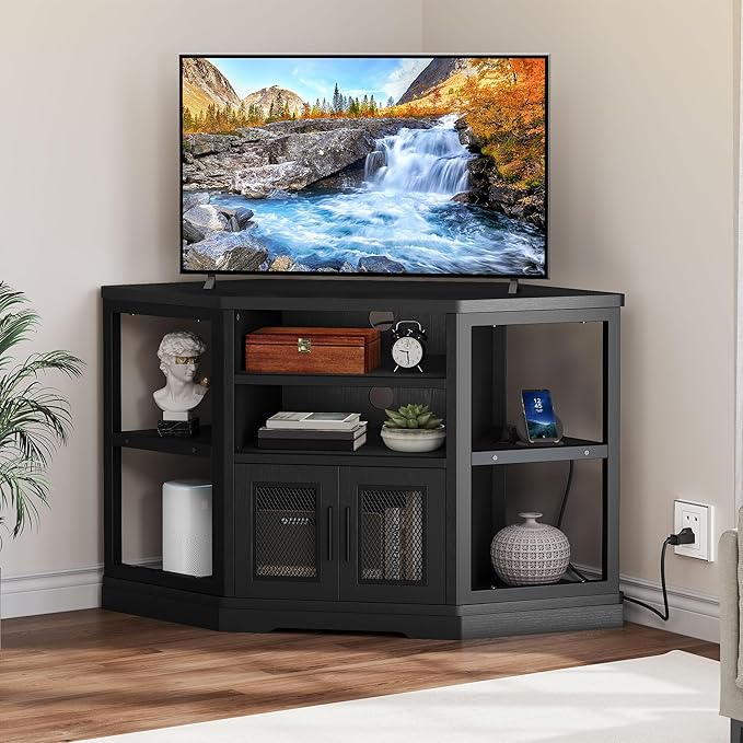 DWVO Corner TV Stand for 50 Inch TV Farmhouse TV Stands for Living Room Black Entertainment Center with Storage &amp Power Outlets Wood TV Console Cabinet Black