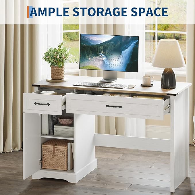 CuisinSmart 47 Farmhouse Executive Desk with Drawers Wooden Home Office Desks with Storage Cabinet Rustic Computer Desk for Working Studying Writing White