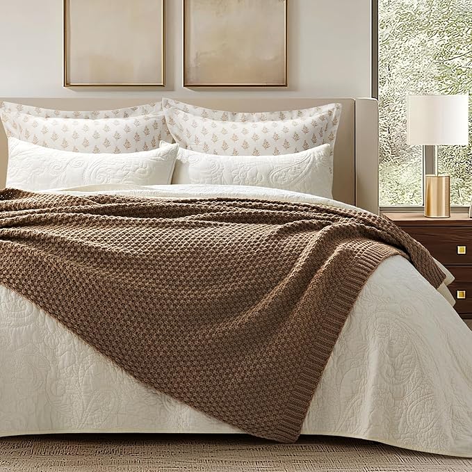 EVERGRACEHOME Chunky Chenille Knit Throw Blanket for Couch Soft Luxurious Moss Stitch Blankets for Bed Cozy Decorative Farmhouse Knitted Throws for Sofa Camel Brown 60 x 80
