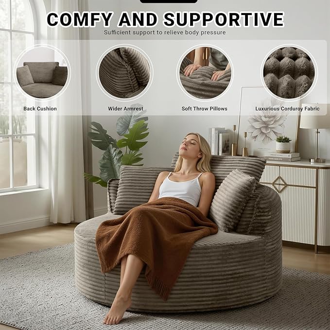 Oversized Round Lounge Chair Indoor Corduroy Upholstered Deep Seat Cloud Circle Sofa Chair Fluffy Boneless Sleeper Chair for Reading &amp Lounging No Assembly Required (Camel)