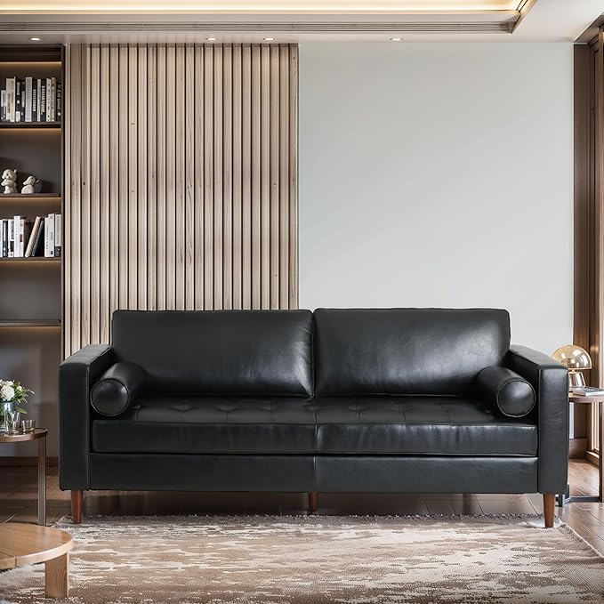Merax Upholstered PU Sofa Classic 3 Seater Leather Couch with Wooden Legs for Living Room Bedroom Officee Black