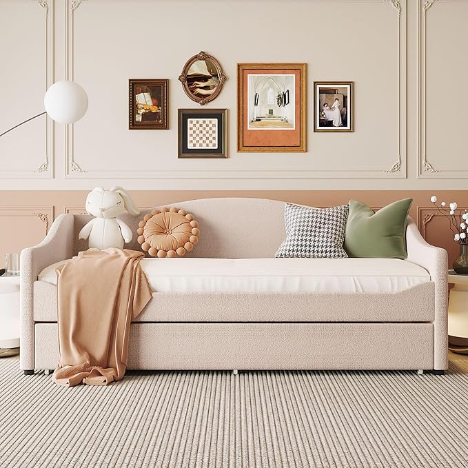 MERITLINE Twin Size Upholstered Daybed with Trundle and LED Light Teddy Fleece Sofa Bed Frame Wood Twin Trundle Bed for Bedroom Living Room Beige