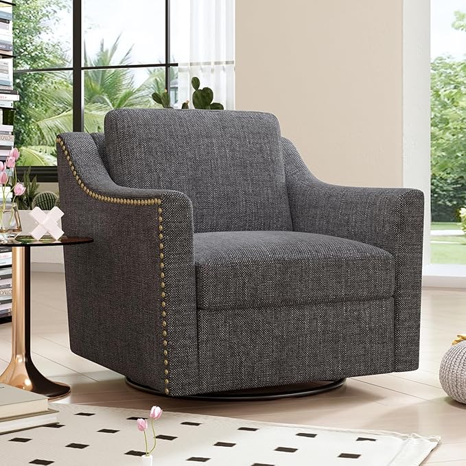 360 Degree Swivel Armchair: Ergonomic Cotton Linen Chair for Living Room Bedroom Office - Black Legs