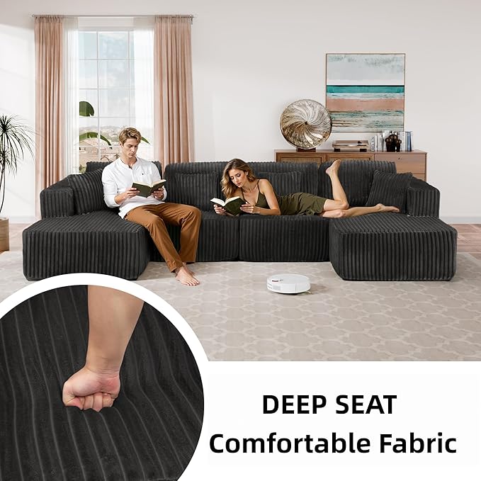 132 U Shaped Sectional Couch Large Modular Cloud Couches with Double Chaise Lounge Comfy Corduroy Cloud Sofa with Pillows Boneless Couches for Living Room Grey